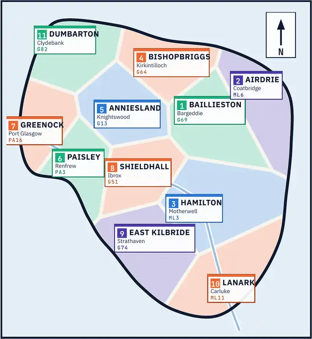 Map of the 11 test centre areas we cover, from Dumbarton and Greenock to Lanark